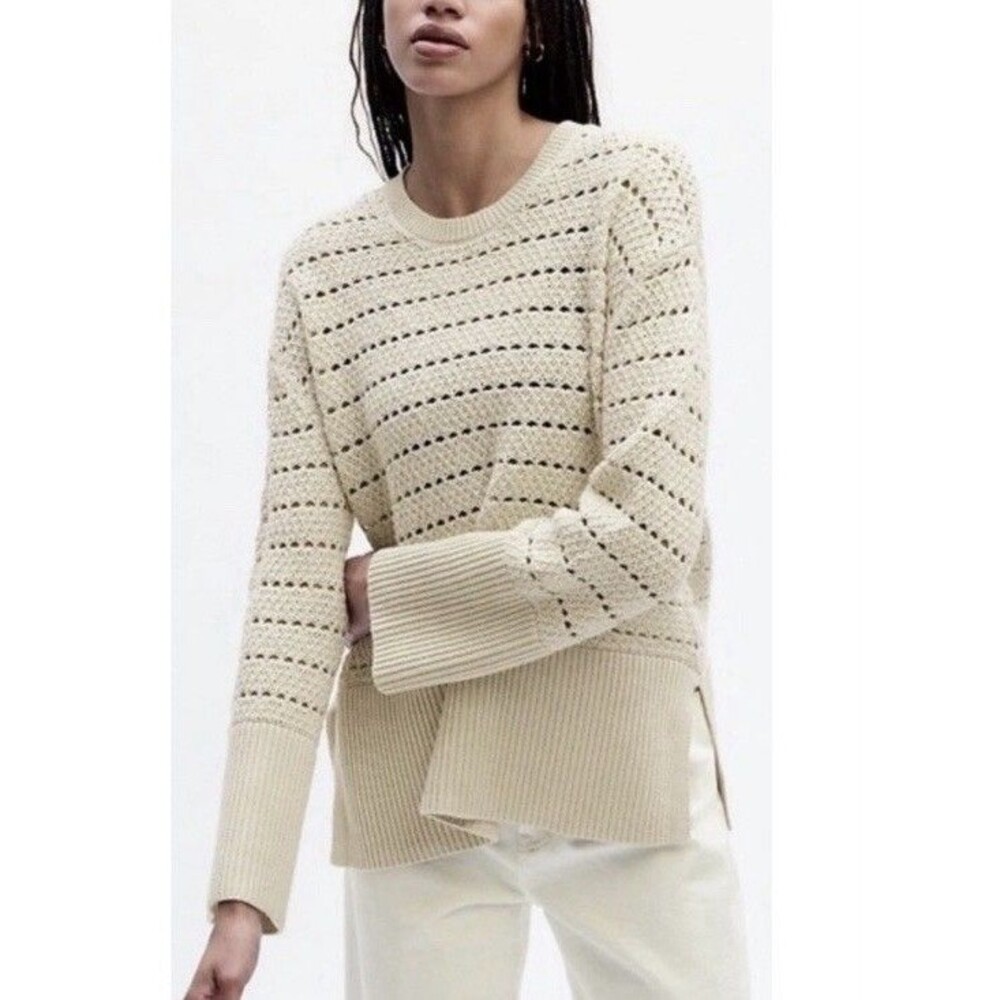 Gap 24/7 Split Hem 100% Cotton Sweater Boxy Classic Crochet Large Cream
